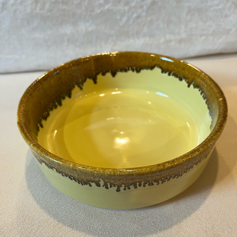 Vintage Mid Century Yellow and Brown Drip Glazed Ceramic Bowl
